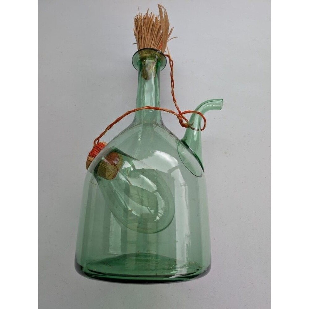 Vintage Green Blown Glass Wine Decanter Raffia Cork Spout 13in Italian Style